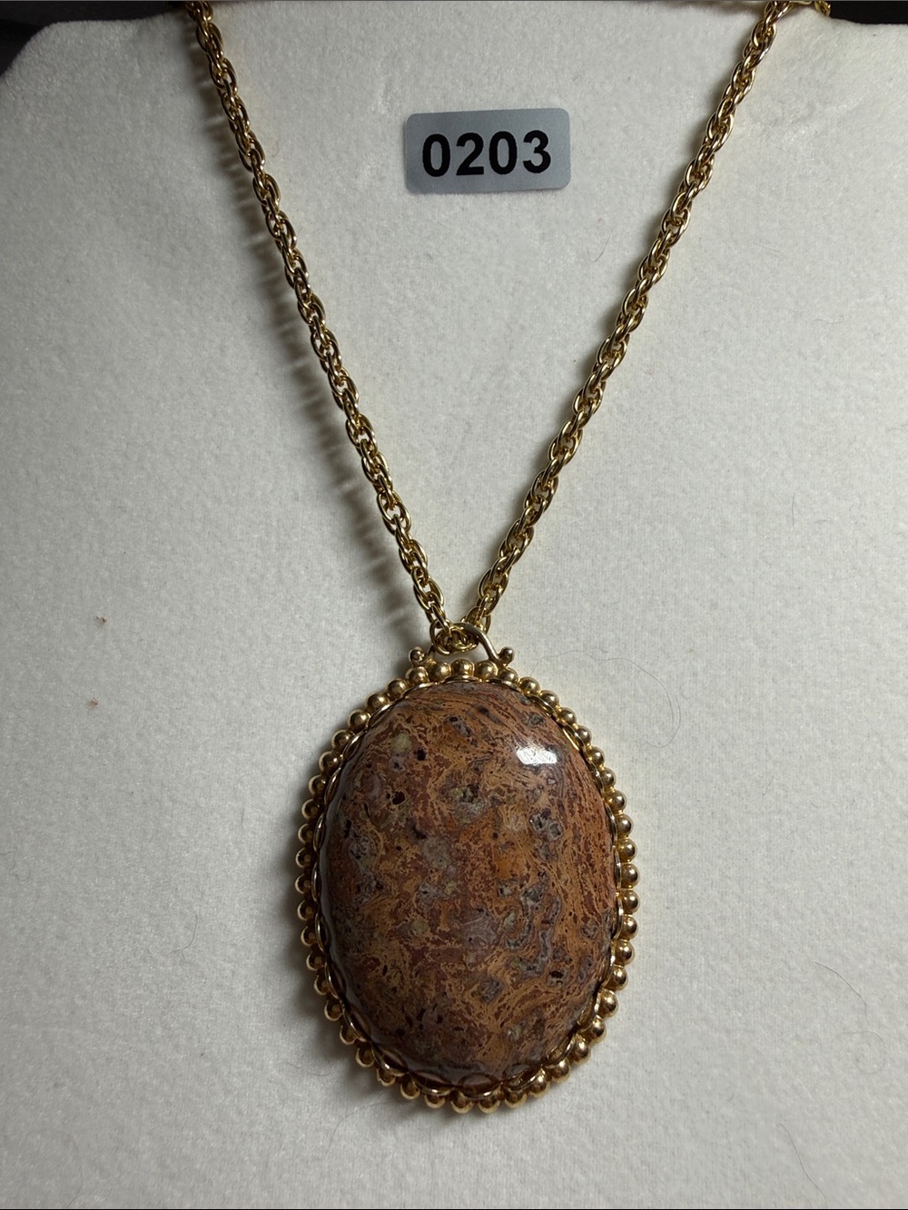Gold-Tone Brown Jasper Oval Pendant Necklace on goldtoned chain